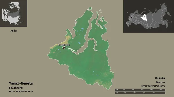 俄罗斯自治省亚马尔 涅涅茨的形状及其首都 距离刻度 预览和标签 地形浮雕图 3D渲染 — 图库照片