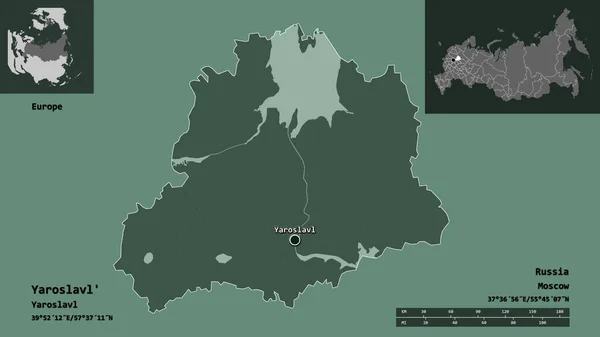 ヤロスラヴルの形 ロシアの領域 およびその首都 距離スケール プレビューおよびラベル 色の標高マップ 3Dレンダリング — ストック写真