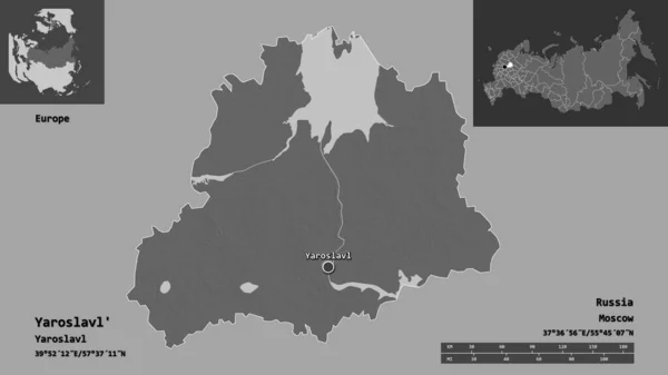 ヤロスラヴルの形 ロシアの領域 およびその首都 距離スケール プレビューおよびラベル 標高マップ 3Dレンダリング — ストック写真