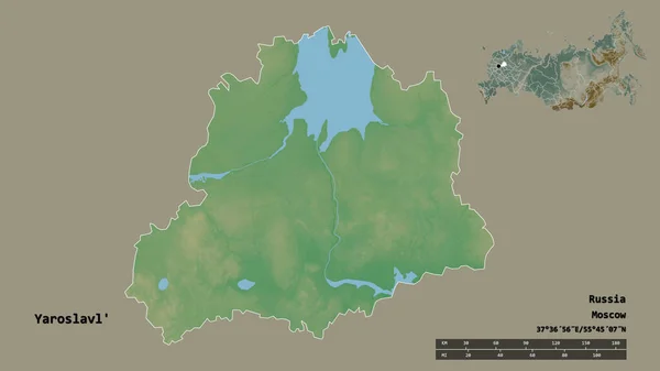 ロシアの領域であるヤロスラヴルの形で その首都はしっかりとした背景に隔離されています 距離スケール リージョンプレビュー およびラベル 地形図 3Dレンダリング — ストック写真