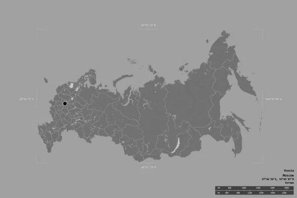 俄罗斯的一个区域在一个地理参考方块中被隔离在一个坚实的背景中 主要区域分部 距离标度 Bilevel高程图 3D渲染 — 图库照片
