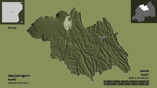 ルワンダの州であるアマジヤルグルとその首都の形 距離スケール プレビューおよびラベル 色の標高マップ 3Dレンダリング — ストック写真