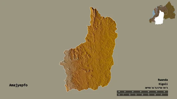 卢旺达省Amajyepfo的形状 其首都在坚实的背景下与世隔绝 距离尺度 区域预览和标签 地形浮雕图 3D渲染 — 图库照片