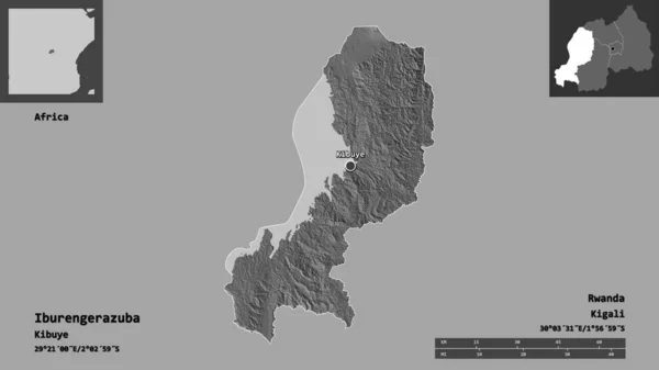 卢旺达省Iburengerazuba的形状及其首都 距离刻度 预览和标签 Bilevel高程图 3D渲染 — 图库照片