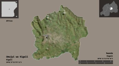 Ruanda vilayeti ve başkenti Umujyi wa Kigali 'nin şeklidir. Uzaklık ölçeği, ön gösterimler ve etiketler. Uydu görüntüleri. 3B görüntüleme