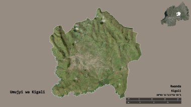 Ruanda 'nın başkenti Umujyi wa Kigali' nin katı bir arka planı vardır. Uzaklık ölçeği, bölge önizlemesi ve etiketleri. Uydu görüntüleri. 3B görüntüleme
