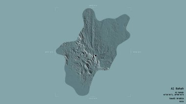 Al Bahah bölgesi, Suudi Arabistan bölgesi, jeoreferatlı bir sınır kutusunda sağlam bir arka planda izole edilmiş. Etiketler. Renkli yükseklik haritası. 3B görüntüleme