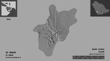 Al Bahah 'ın şekli, Suudi Arabistan bölgesi ve başkenti. Uzaklık ölçeği, ön gösterimler ve etiketler. Çift seviyeli yükseklik haritası. 3B görüntüleme