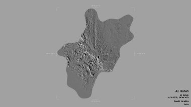 Al Bahah bölgesi, Suudi Arabistan bölgesi, jeoreferatlı bir sınır kutusunda sağlam bir arka planda izole edilmiş. Etiketler. Çift seviyeli yükseklik haritası. 3B görüntüleme
