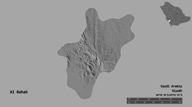 Suudi Arabistan 'ın başkenti El Bahah' ın katı arka planda izole edilmiş hali. Uzaklık ölçeği, bölge önizlemesi ve etiketleri. Çift seviyeli yükseklik haritası. 3B görüntüleme