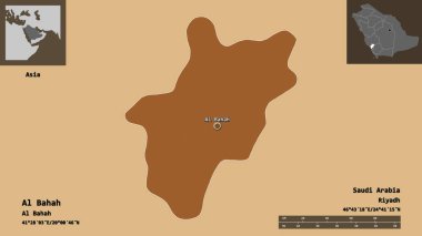 Al Bahah 'ın şekli, Suudi Arabistan bölgesi ve başkenti. Uzaklık ölçeği, ön gösterimler ve etiketler. Desenli dokuların bileşimi. 3B görüntüleme