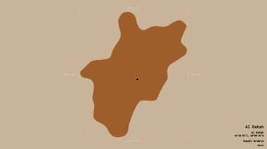 Al Bahah bölgesi, Suudi Arabistan bölgesi, jeoreferatlı bir sınır kutusunda sağlam bir arka planda izole edilmiş. Etiketler. Desenli dokuların bileşimi. 3B görüntüleme