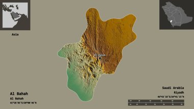 Al Bahah 'ın şekli, Suudi Arabistan bölgesi ve başkenti. Uzaklık ölçeği, ön gösterimler ve etiketler. Topografik yardım haritası. 3B görüntüleme