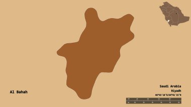 Suudi Arabistan 'ın başkenti El Bahah' ın katı arka planda izole edilmiş hali. Uzaklık ölçeği, bölge önizlemesi ve etiketleri. Desenli dokuların bileşimi. 3B görüntüleme