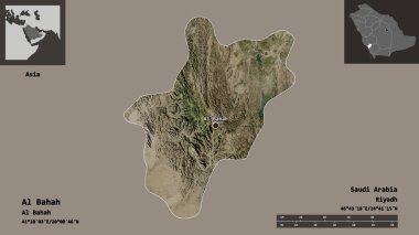 Al Bahah 'ın şekli, Suudi Arabistan bölgesi ve başkenti. Uzaklık ölçeği, ön gösterimler ve etiketler. Uydu görüntüleri. 3B görüntüleme