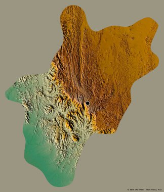 Al Bahah 'ın şekli, Suudi Arabistan bölgesi, başkenti katı bir renk arkaplanı ile izole edilmiş. Topografik yardım haritası. 3B görüntüleme