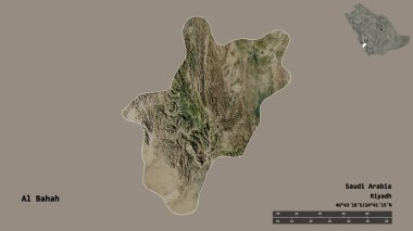 Suudi Arabistan 'ın başkenti El Bahah' ın katı arka planda izole edilmiş hali. Uzaklık ölçeği, bölge önizlemesi ve etiketleri. Uydu görüntüleri. 3B görüntüleme