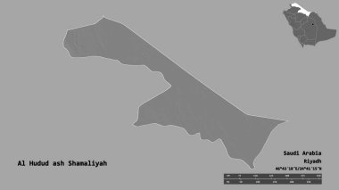 Suudi Arabistan 'ın başkenti El Hudud Ash Shamaliyah' ın suretinde, sağlam bir zemin üzerinde izole edilmiş. Uzaklık ölçeği, bölge önizlemesi ve etiketleri. Çift seviyeli yükseklik haritası. 3B görüntüleme