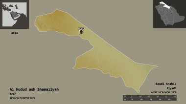 Suudi Arabistan bölgesi ve başkenti El Hudud Dash Shamaliyah 'ın şeklidir. Uzaklık ölçeği, ön gösterimler ve etiketler. Topografik yardım haritası. 3B görüntüleme