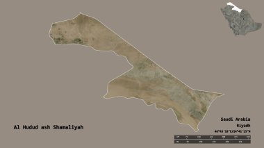 Suudi Arabistan 'ın başkenti El Hudud Ash Shamaliyah' ın suretinde, sağlam bir zemin üzerinde izole edilmiş. Uzaklık ölçeği, bölge önizlemesi ve etiketleri. Uydu görüntüleri. 3B görüntüleme