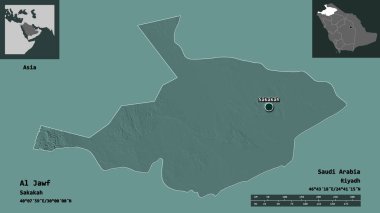 Al Jawf 'ın şekli, Suudi Arabistan bölgesi ve başkenti. Uzaklık ölçeği, ön gösterimler ve etiketler. Renkli yükseklik haritası. 3B görüntüleme