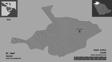 Al Jawf 'ın şekli, Suudi Arabistan bölgesi ve başkenti. Uzaklık ölçeği, ön gösterimler ve etiketler. Çift seviyeli yükseklik haritası. 3B görüntüleme