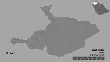 Al Jawf 'ın şekli, Suudi Arabistan bölgesi, başkenti sağlam arka planda izole edilmiş. Uzaklık ölçeği, bölge önizlemesi ve etiketleri. Çift seviyeli yükseklik haritası. 3B görüntüleme