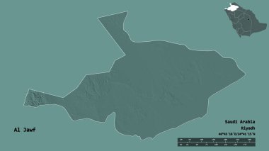 Al Jawf 'ın şekli, Suudi Arabistan bölgesi, başkenti sağlam arka planda izole edilmiş. Uzaklık ölçeği, bölge önizlemesi ve etiketleri. Renkli yükseklik haritası. 3B görüntüleme