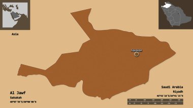 Al Jawf 'ın şekli, Suudi Arabistan bölgesi ve başkenti. Uzaklık ölçeği, ön gösterimler ve etiketler. Desenli dokuların bileşimi. 3B görüntüleme