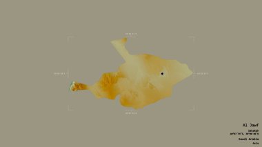 Al Jawf bölgesi, Suudi Arabistan bölgesi, jeoreferatlı bir sınır kutusunda sağlam bir arka planda izole edilmiş. Etiketler. Topografik yardım haritası. 3B görüntüleme