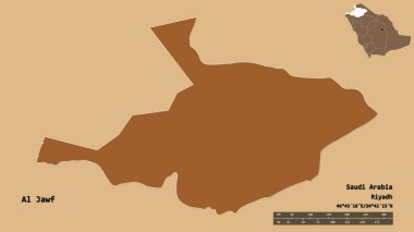 Al Jawf 'ın şekli, Suudi Arabistan bölgesi, başkenti sağlam arka planda izole edilmiş. Uzaklık ölçeği, bölge önizlemesi ve etiketleri. Desenli dokuların bileşimi. 3B görüntüleme