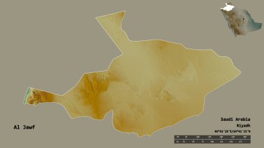 Al Jawf 'ın şekli, Suudi Arabistan bölgesi, başkenti sağlam arka planda izole edilmiş. Uzaklık ölçeği, bölge önizlemesi ve etiketleri. Topografik yardım haritası. 3B görüntüleme