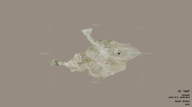 Al Jawf bölgesi, Suudi Arabistan bölgesi, jeoreferatlı bir sınır kutusunda sağlam bir arka planda izole edilmiş. Etiketler. Uydu görüntüleri. 3B görüntüleme
