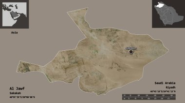 Al Jawf 'ın şekli, Suudi Arabistan bölgesi ve başkenti. Uzaklık ölçeği, ön gösterimler ve etiketler. Uydu görüntüleri. 3B görüntüleme