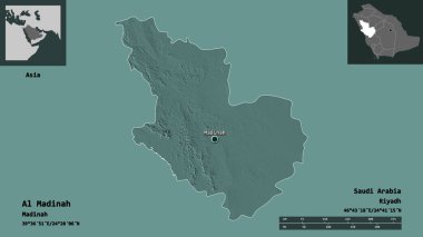 Al Madinah 'ın şekli, Suudi Arabistan bölgesi ve başkenti. Uzaklık ölçeği, ön gösterimler ve etiketler. Renkli yükseklik haritası. 3B görüntüleme