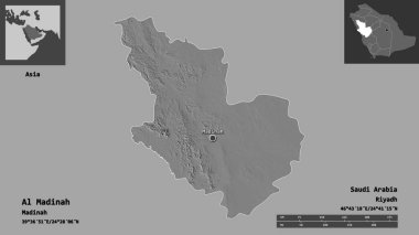 Al Madinah 'ın şekli, Suudi Arabistan bölgesi ve başkenti. Uzaklık ölçeği, ön gösterimler ve etiketler. Çift seviyeli yükseklik haritası. 3B görüntüleme