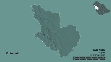 Suudi Arabistan 'ın başkenti El Madinah' ın şekli, sağlam bir arka planda izole edilmiş. Uzaklık ölçeği, bölge önizlemesi ve etiketleri. Renkli yükseklik haritası. 3B görüntüleme