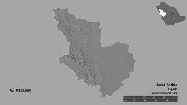 Suudi Arabistan 'ın başkenti El Madinah' ın şekli, sağlam bir arka planda izole edilmiş. Uzaklık ölçeği, bölge önizlemesi ve etiketleri. Çift seviyeli yükseklik haritası. 3B görüntüleme