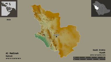 Al Madinah 'ın şekli, Suudi Arabistan bölgesi ve başkenti. Uzaklık ölçeği, ön gösterimler ve etiketler. Topografik yardım haritası. 3B görüntüleme