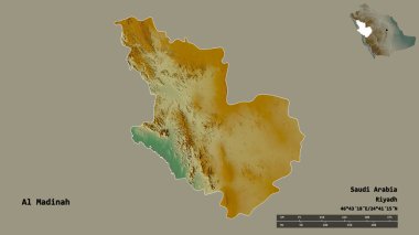 Suudi Arabistan 'ın başkenti El Madinah' ın şekli, sağlam bir arka planda izole edilmiş. Uzaklık ölçeği, bölge önizlemesi ve etiketleri. Topografik yardım haritası. 3B görüntüleme