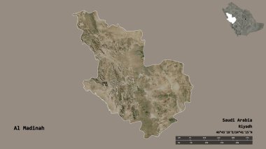 Suudi Arabistan 'ın başkenti El Madinah' ın şekli, sağlam bir arka planda izole edilmiş. Uzaklık ölçeği, bölge önizlemesi ve etiketleri. Uydu görüntüleri. 3B görüntüleme