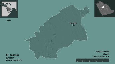 Al Quassim 'in şekli, Suudi Arabistan bölgesi ve başkenti. Uzaklık ölçeği, ön gösterimler ve etiketler. Renkli yükseklik haritası. 3B görüntüleme