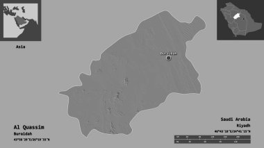Al Quassim 'in şekli, Suudi Arabistan bölgesi ve başkenti. Uzaklık ölçeği, ön gösterimler ve etiketler. Çift seviyeli yükseklik haritası. 3B görüntüleme