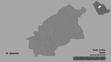 Al Quassim 'in şekli, Suudi Arabistan bölgesi, başkenti sağlam arka planda izole edilmiş. Uzaklık ölçeği, bölge önizlemesi ve etiketleri. Çift seviyeli yükseklik haritası. 3B görüntüleme