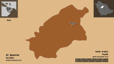 Al Quassim 'in şekli, Suudi Arabistan bölgesi ve başkenti. Uzaklık ölçeği, ön gösterimler ve etiketler. Desenli dokuların bileşimi. 3B görüntüleme