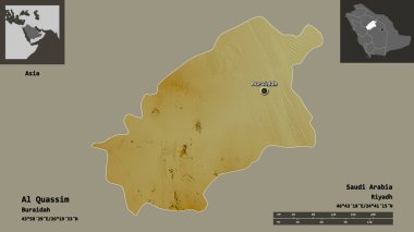 Al Quassim 'in şekli, Suudi Arabistan bölgesi ve başkenti. Uzaklık ölçeği, ön gösterimler ve etiketler. Topografik yardım haritası. 3B görüntüleme