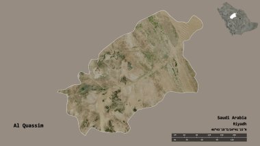 Al Quassim 'in şekli, Suudi Arabistan bölgesi, başkenti sağlam arka planda izole edilmiş. Uzaklık ölçeği, bölge önizlemesi ve etiketleri. Uydu görüntüleri. 3B görüntüleme