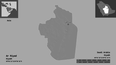 Ar Riyad 'ın şekli, Suudi Arabistan bölgesi ve başkenti. Uzaklık ölçeği, ön gösterimler ve etiketler. Çift seviyeli yükseklik haritası. 3B görüntüleme