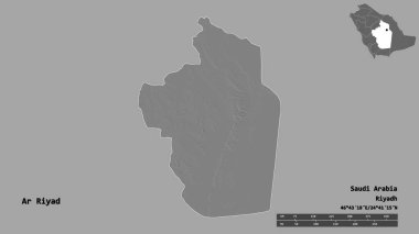 Ar Riyad 'ın şekli, Suudi Arabistan bölgesi, başkenti sağlam arka planda izole edilmiş. Uzaklık ölçeği, bölge önizlemesi ve etiketleri. Çift seviyeli yükseklik haritası. 3B görüntüleme