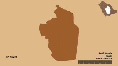 Ar Riyad 'ın şekli, Suudi Arabistan bölgesi, başkenti sağlam arka planda izole edilmiş. Uzaklık ölçeği, bölge önizlemesi ve etiketleri. Desenli dokuların bileşimi. 3B görüntüleme